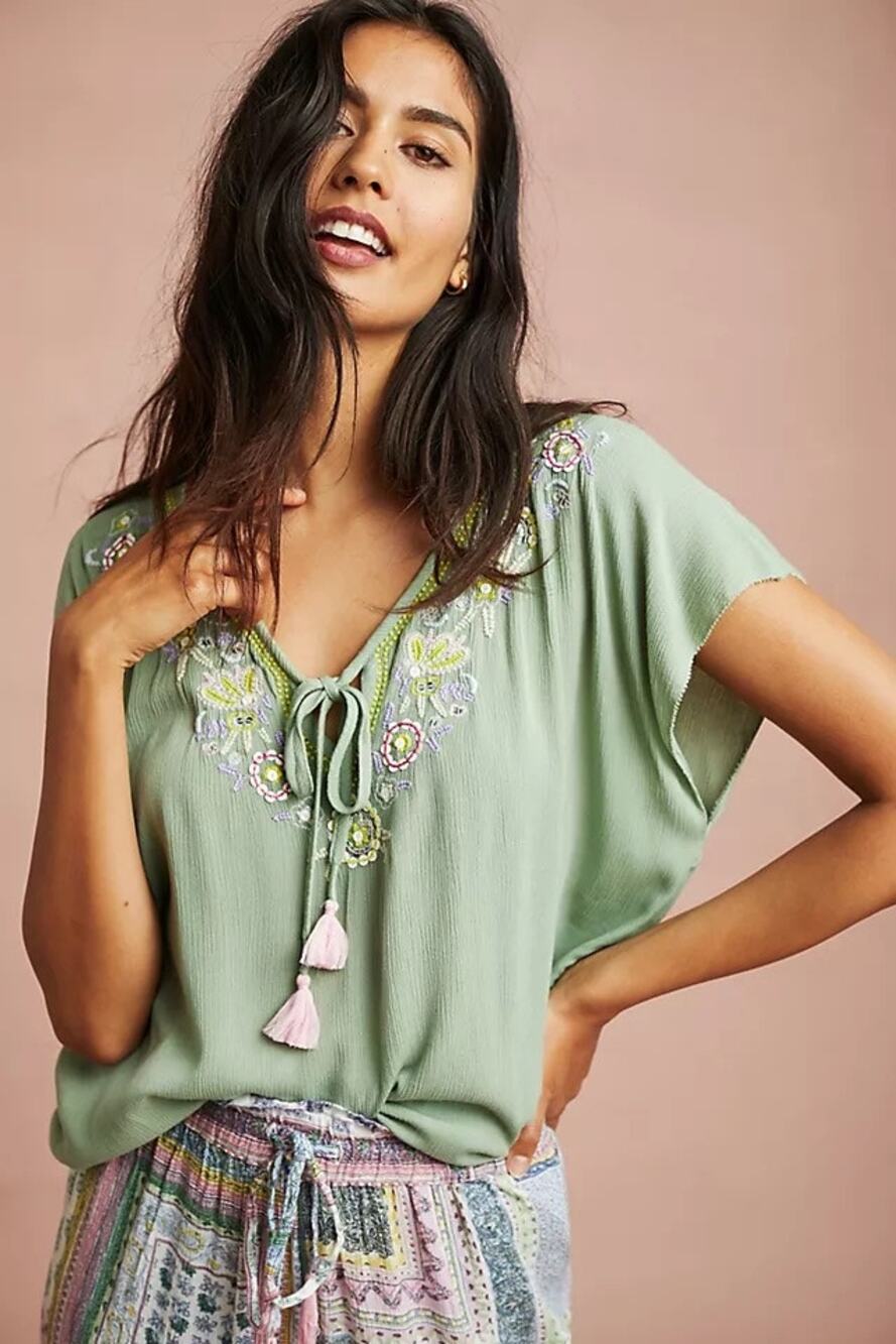 Floreat | Sage Green Persephone Embroidered Sleep Top XS Bohemian